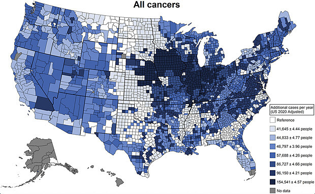 Map howing association between pesticide use and increased incidence of cancer