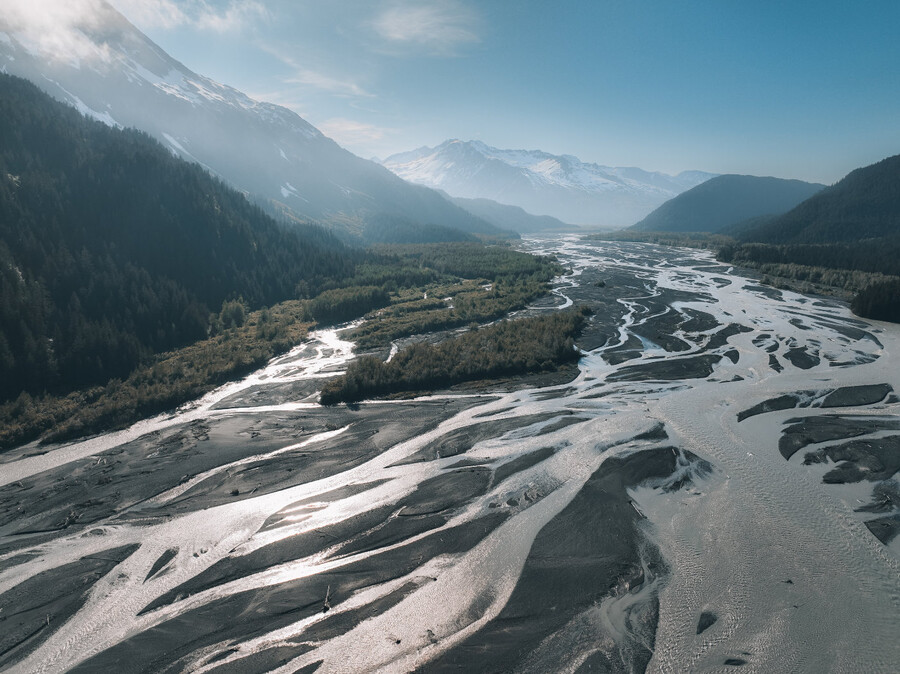 Aerial view of braided river in Alaska